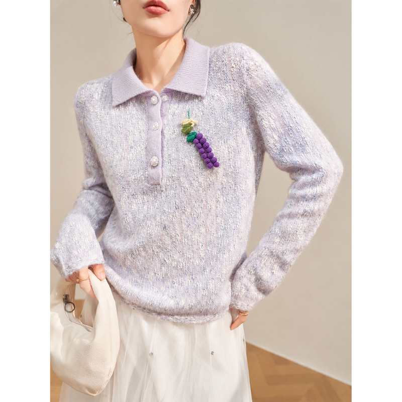 Flowing Era Purple Blended Knit Sweater, Autumn Koushi Miu Style Outfit, Gentle Style Polo Collar Sweater for Women Flowing Era Purple Blended Knit Sweater, Autumn Koushi Miu Style Outfit, Gentle Style Polo Collar Sweater for Women