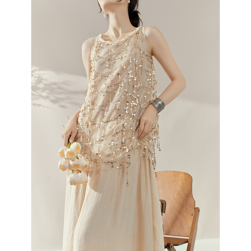 Flowing Era/Heavy-Duty Sequin Patchwork Dress with a Unique Design, Niche Tank Dress, Summer Outfit, Long Dress Flowing Era/Heavy-Duty Sequin Patchwork Dress with a Unique Design, Niche Tank Dress, Summer Outfit, Long Dress