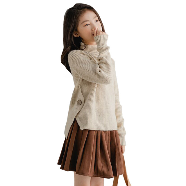 Girls sweater autumn and winter Korean version of children's clothing big boy girl half-high collar slit thickened warm sweater bottoming top