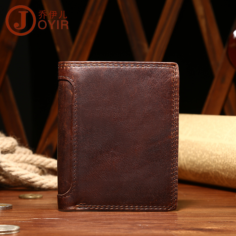 Men's Leather Short Clip Crazy Horse Leather Vertical Wallet Multifunctional Multi-card Driver's License Retro Leather Wallet
