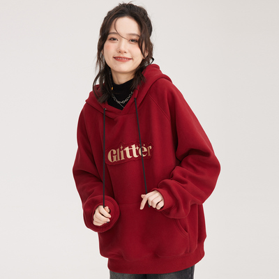 taobao agent Advanced red fleece demi-season sweatshirt with hood, high-quality style, suitable for teen