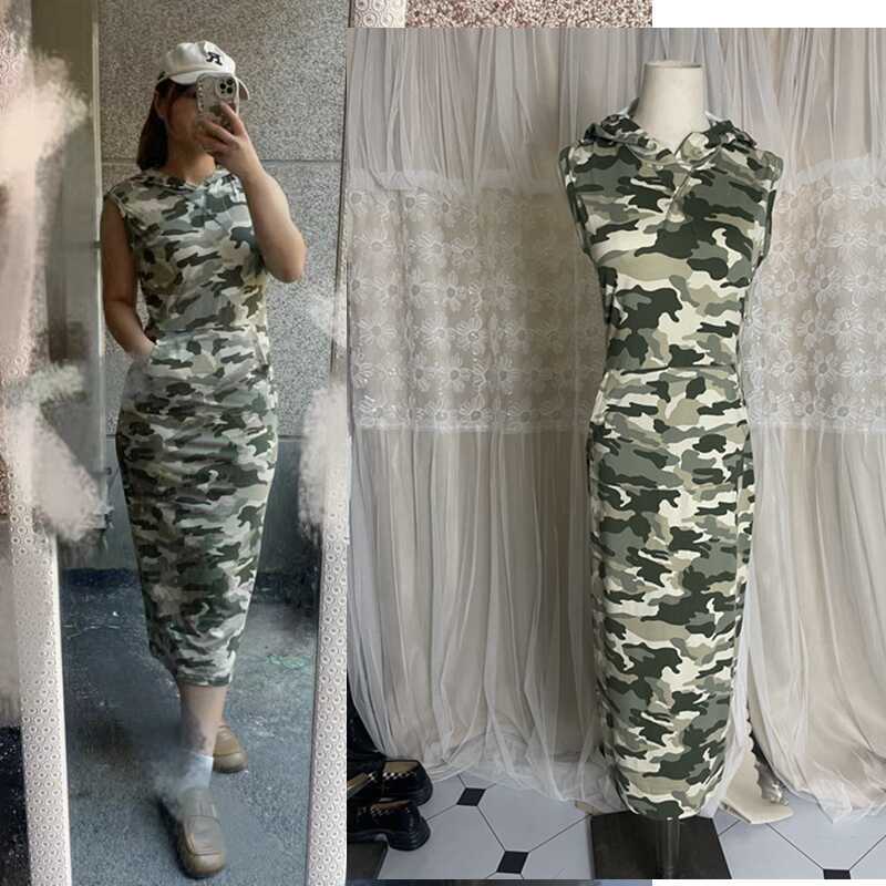 Camouflage Stretchy Hooded Slim Fit Kangaroo Pocket Sports Long Dress Sleeveless Dress Waist-Cinching Dress