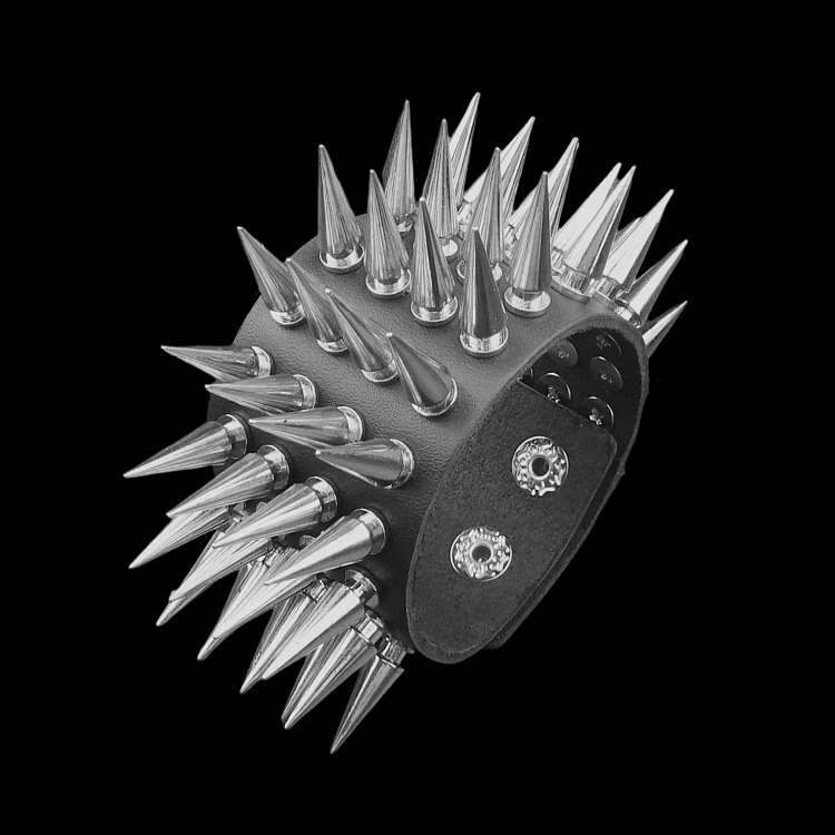 Silver Slender Spiked Bullet Head Rivets Densely Arranged Black Soft Leather Punk Bracelet Jewelry Bangle Wristband