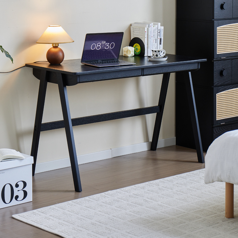 Medieval-Style Solid Wood Desk for Home Use, Simple with Drawers, Black Office Oak Workbench, Children's Study Desk, Writing Desk