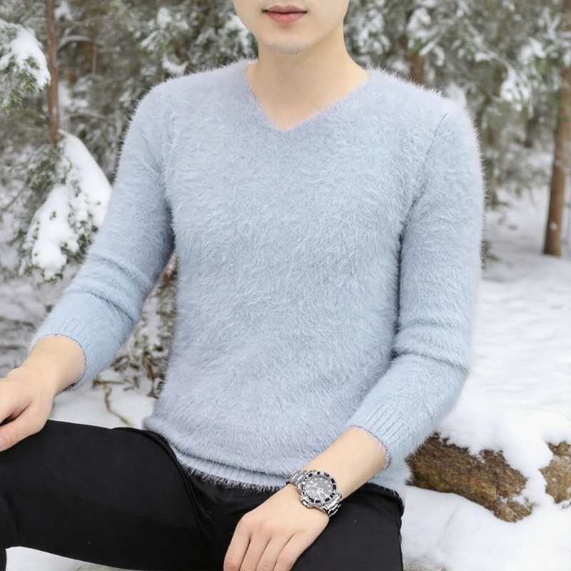 New Autumn and Winter V-Neck Mohair Sweater Men's Knit Pullover Warm Faux Mink Long Hair Large Size Round Neck