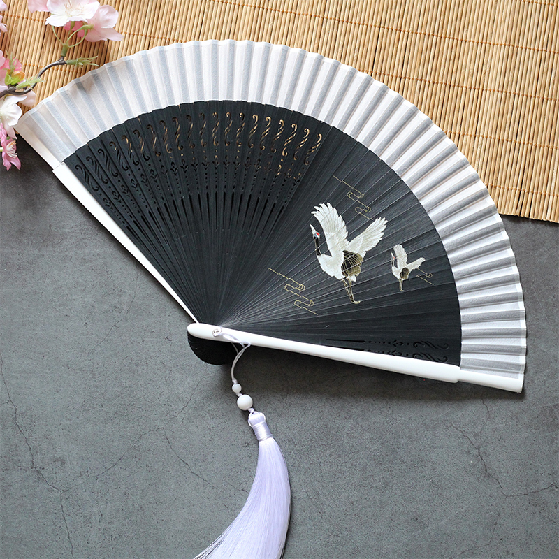Chinese wind fairy crane fan 6-inch female style ancient wind Han clothes Bamboo Folding Fan Summer Folding Carry-on with Gift Fan