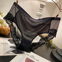 Middle-high waist no-scratched lace underpants female sensation transparent comfort mesh yarn Triangle pants female big code pure cotton crotch