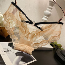 Sexy Lace Briefs Women Low Waist Fashion Metal Trim Hollowed-out Transparent Seductive Triangle Pants Pure Cotton Crotch