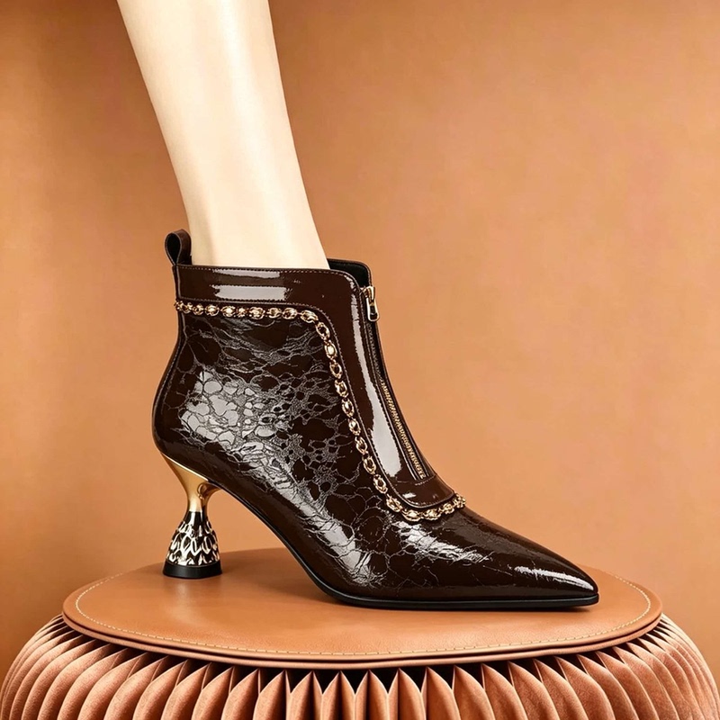 2026 New Style Pointed Toe High Heels for Women, Thin Heel Mid-Heel Short Boots, Brown Rhinestone Chinese Style New Winter Fashion Boots 2026 New Style Pointed Toe High Heels for Women, Thin Heel Mid-Heel Short Boots, Brown Rhinestone Chinese Style New Winter Fashion Boots