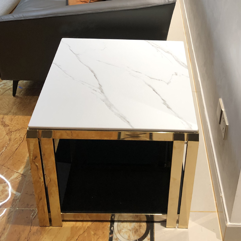 Light luxury wood language stainless steel titanium-plated gold imported rock slab corner simple modern marble sofa side cabinet
