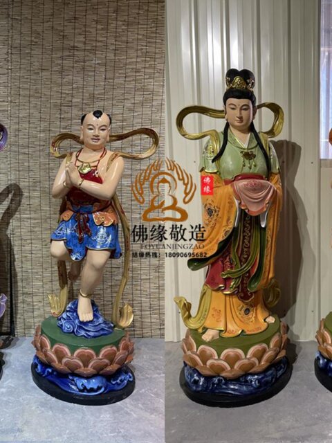 Lucky Dragon Girl Buddha Statue, Boy and Girl, Golden Boy and Jade Girl Taoist Resin Fiberglass Cast Copper Ornament