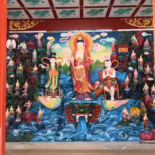 Island-Style Guanyin Relief Sculpture of a Child Worshiping Guanyin, 53Rd Edition Flat Relief Clay Sculpture Made of Resin, Fiberglass, and Raw Lacquer