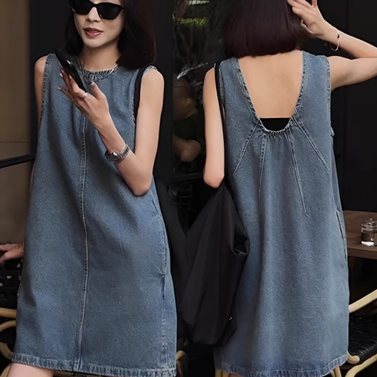 Denim Vest Dress for Women, Summer 2026 New Korean Style, Loose Sleeveless Backless Casual Mid-Length Thin Dress Denim Vest Dress for Women, Summer 2026 New Korean Style, Loose Sleeveless Backless Casual Mid-Length Thin Dress
