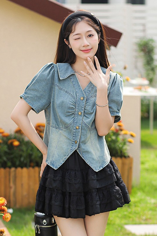 Short Denim Puff Sleeve Shirt for Women 2026 Spring and Summer New Fashion Design Retro Style Thin Top