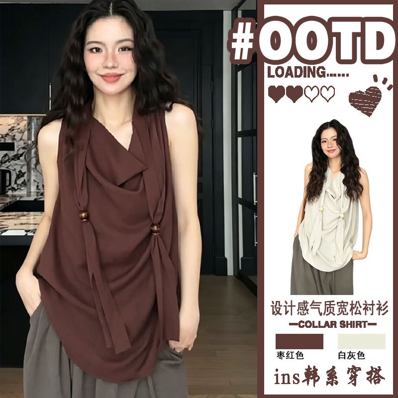 French-Style Plus-Size Swing-Collar Linen Sleeveless Shirt for Women 2026 New Beaded Ribbon Vest Irregular Slimming Top