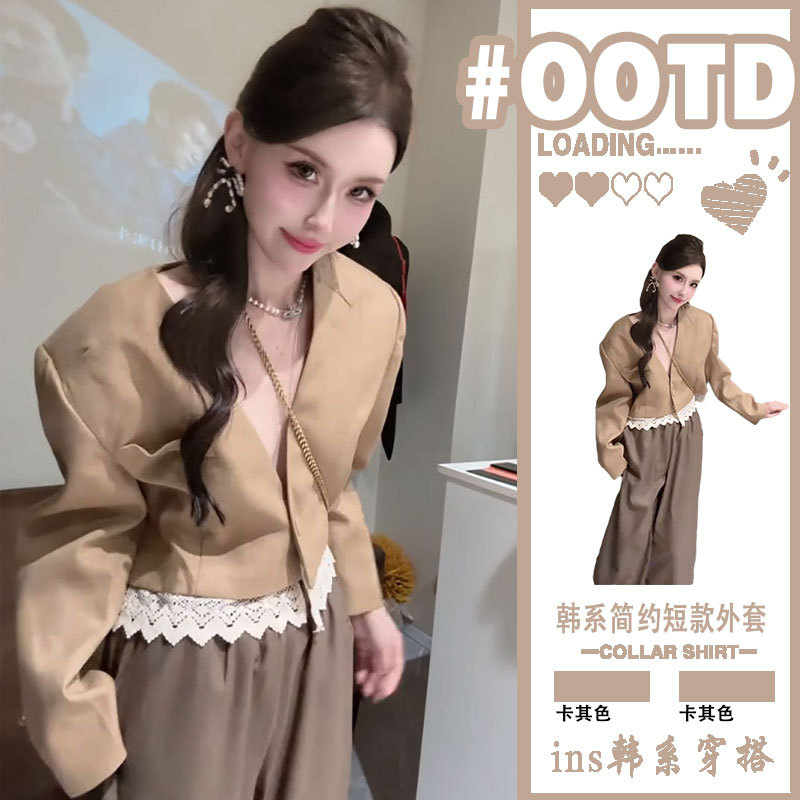 Korean Style Short Casual Blazer for Women 2026 Spring Lace Patchwork Loose Shoulder-Padded Slimming Small Suit Jacket