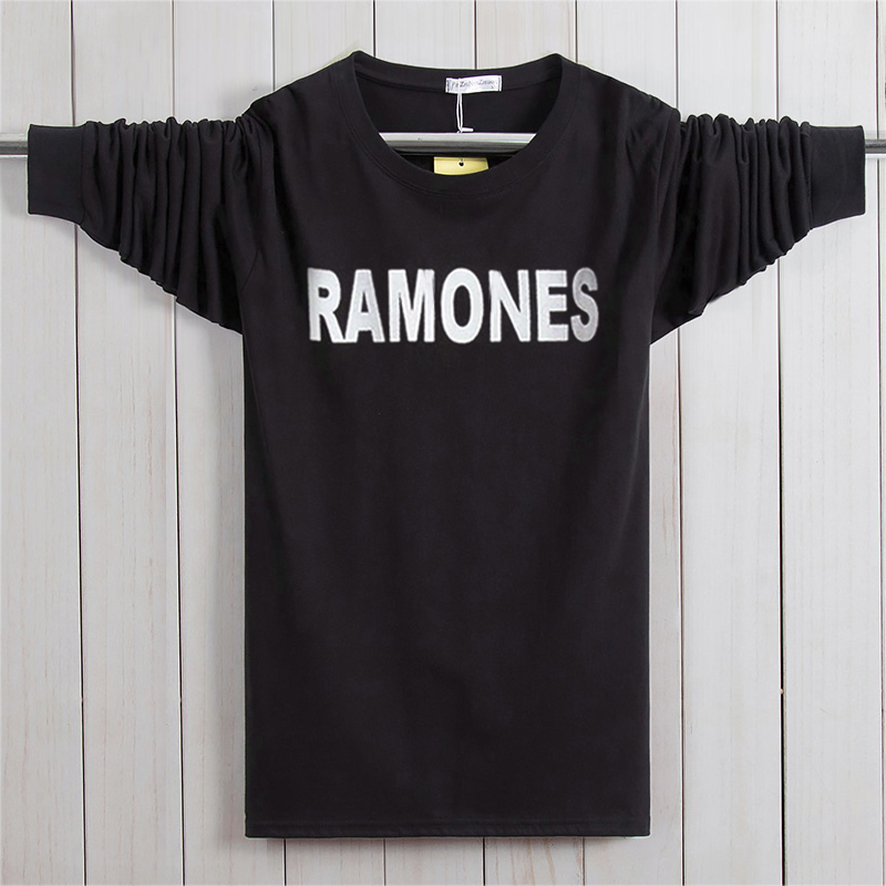 Áo thun nam tay dài cotton cộng với size rộng rộng cổ rộng in hình áo thun mùa thu đáy áo sơ mi nam trẻ trung quần ngắn