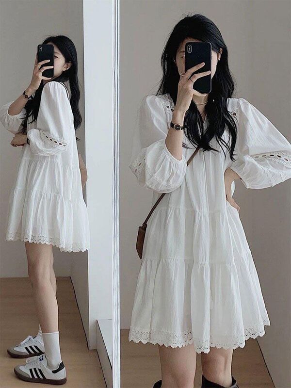 Casual Vacation-Style Long-Sleeved Dress for Women, New Summer White Mid-Length Skirt, Fashionable Petite A-Line Skirt
