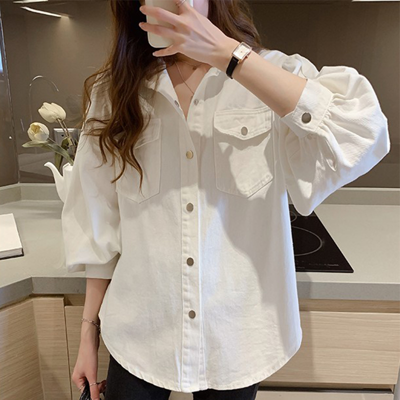 Denim Shirt for Women, Spring New Style, College Style, Long-Sleeved, Unique Design, Trendy Student Thin White Shirt