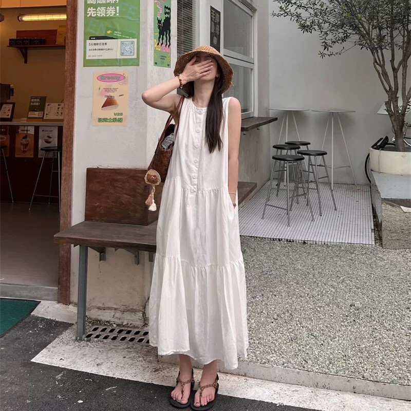 French-Style Sleeveless White Dress Vest for Women, Summer High-End Elegant Beach Vacation Loose Casual Long Dress French-Style Sleeveless White Dress Vest for Women, Summer High-End Elegant Beach Vacation Loose Casual Long Dress