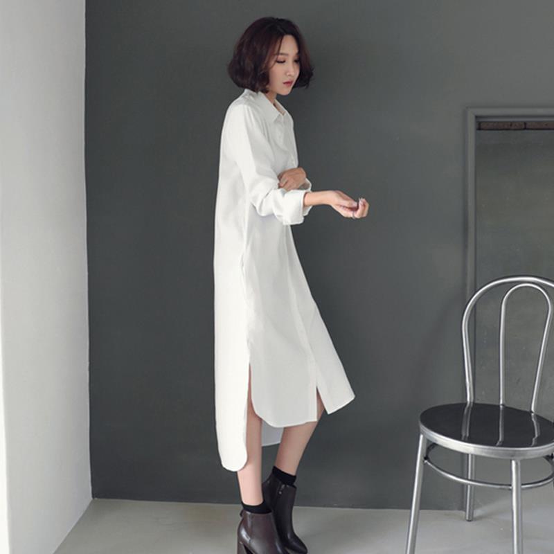 Korean Style Long-Sleeved White Shirt for Women Spring and Autumn New Versatile Commuting Mid-Length Shirt Casual Loose Dress