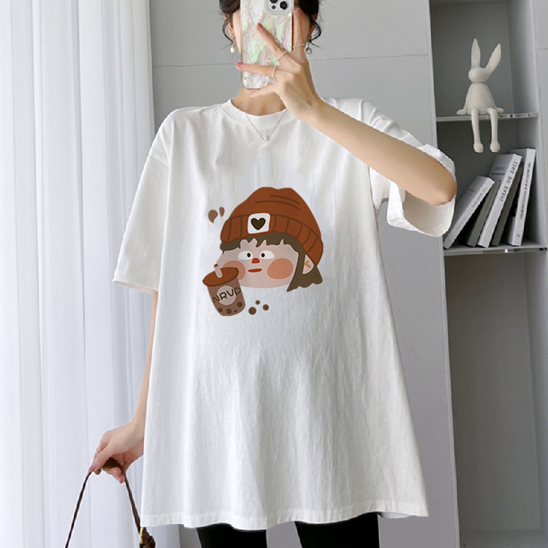 Maternity Short-Sleeved T-Shirt for Women, Pure Cotton, Summer Loose and Fashionable, Trendy Mom's T-Shirt, Round Neck, Mid-Length Base Shirt Top