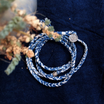 Plant blue dyed Tie dyed linen thread Hand woven bracelet Vintage Japanese silver hand rope chain Niche forest department