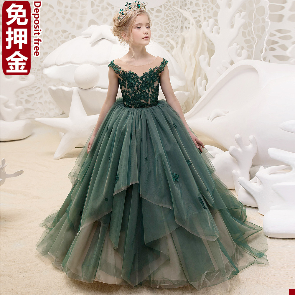 Girls evening dress rental girl model catwalk green European-style small trailing simple solid color gauze skirt NL17