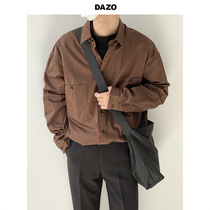DAZO Korean wind retro light cooked long sleeve shirt male loose 100 lap handsome pure color shirt Korean version trendy blouse