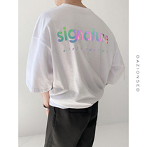DAZO summer new color reflective T-shirt mens letter print loose short sleeve trend Joker round neck top