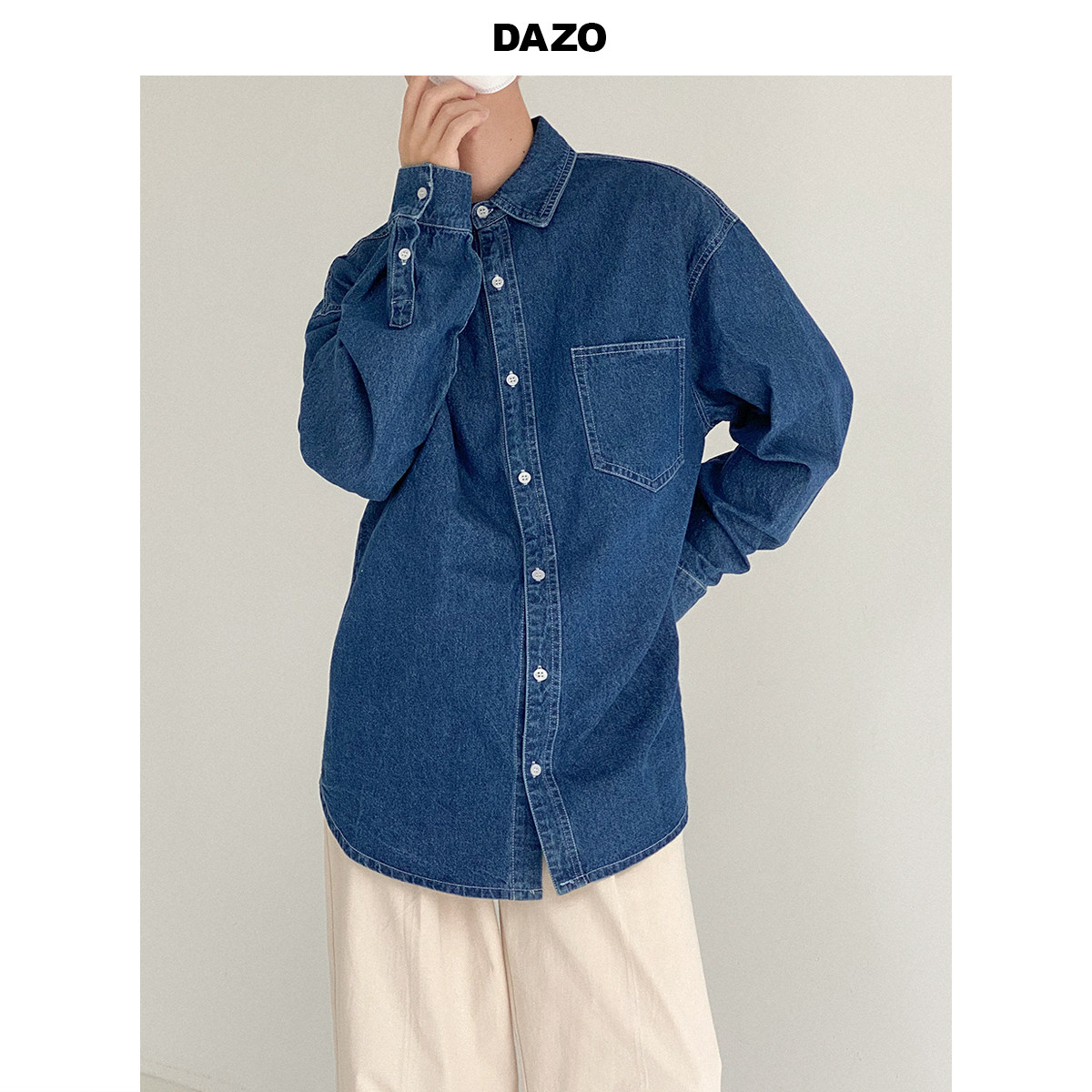 DAZO retro washed blue denim shirt men's vintage autumn loose casual shirt men's Hong Kong style trend