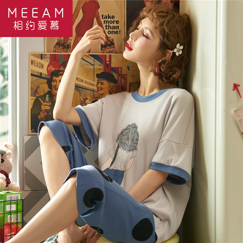Sleepwear Woman Summer Pure Cotton Short Sleeve Two-piece Style Suit Cute Day Ensemble Spring Autumn 2021 New Home Suits Full Cotton