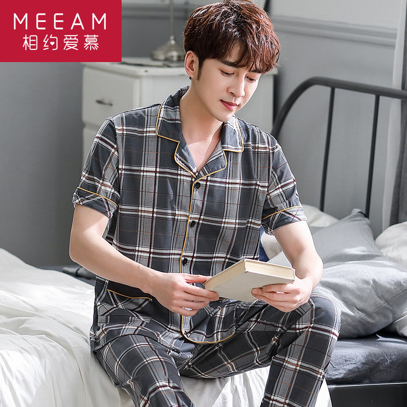 Summer men pajamas short sleeves trousers pure cotton thin plaid summer can go out leisure home clothes two suits