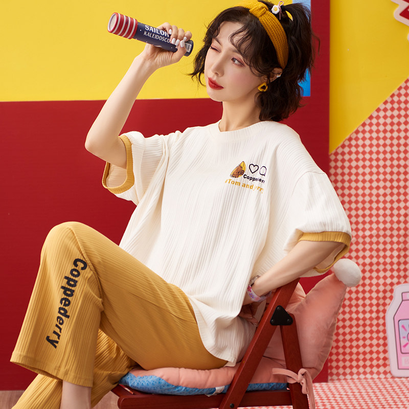 Sleepwear Women Summer Slim pure cotton short sleeves Long pants spring autumn and autumn 2021 New Home Suits Two Style Suits