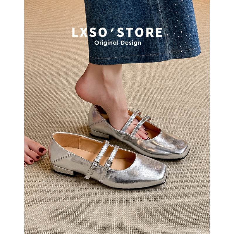 Soft Sheepskin~French-Style Silver Single Shoes for Women, Small Leather Shoes with Square Toe, Strap Ballet Shoes, Flat Mary Jane Shoes for Women
