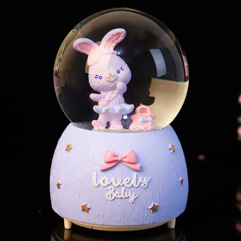Cartoon glow snowflake rotates lovely Lulu rabbit glass crystal ball music box girls birthday gift