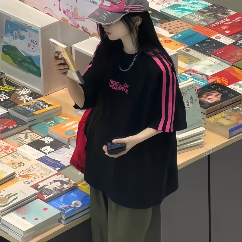 American-Style Trendy Brand Pure Cotton Short-Sleeve T-Shirt for Girls, Summer 2026, Loose Fit with Three Stripes, Suitable for Middle and High School Students