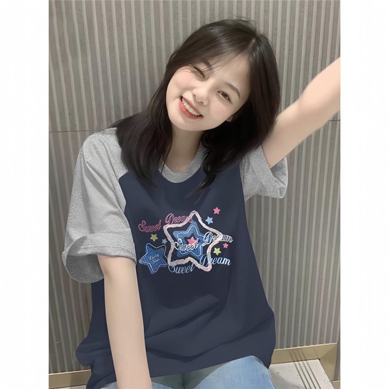 American-Style Raglan Short-Sleeve T-Shirt for Girls, 2026 Summer Wear, Loose Cotton Top for Middle and High School Students, Size 15