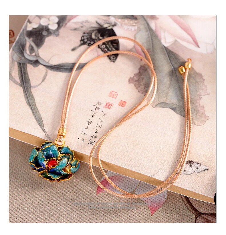 товар из китая 轻奢国风足银9999牡丹花项链女珐琅彩民族风纯银吊坠长款毛衣链