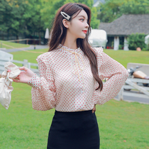 Real shot 9549# Autumn New 2020 Korean version Joker sweet wave dot print long sleeve chiffon shirt blouse