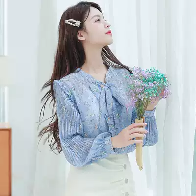 Ruffle lace-up chiffon shirt women's long-sleeved 2020 new Korean sweet V-neck top wild floral shirt