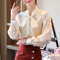 Real shot autumn and winter New Korean version of temperament bow lace lantern sleeve lace base shirt shirt
