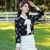 Real shot 9536 autumn new fresh aged wave dot printing lamp sleeve loose Joker temperament chiffon shirt Women