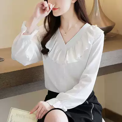 Real shot autumn new Korean ruffle V-neck chiffon shirt women's top super fairy western style small shirt temperament shirt