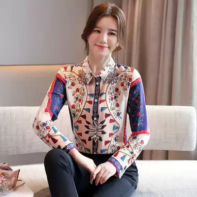 Real shot floral shirt Women 2020 new autumn loose top Contrast color vintage print long sleeve shirt