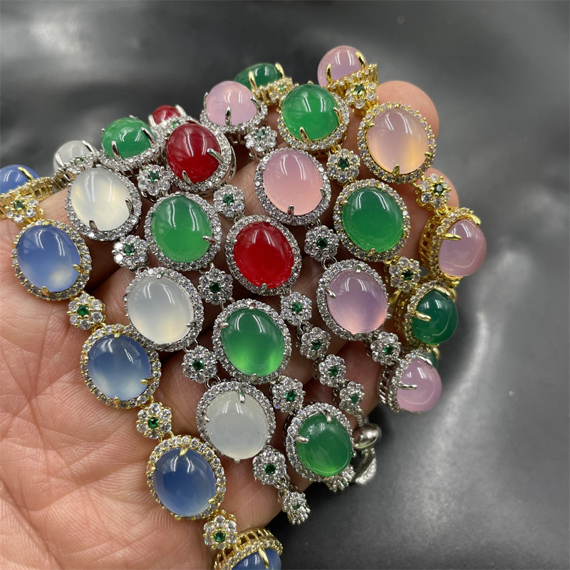 High Ice White Chalcedony Bracelet, Bright Gold Inlaid Green Agate Bracelet, Stretchable Pink Women's Chalcedony Bracelet, Blue