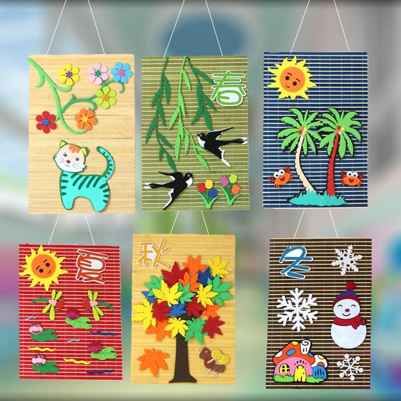 Kindergarten handmade works Finished hanging decoration girl Chinese style stickers large bamboo art environment pastoral style