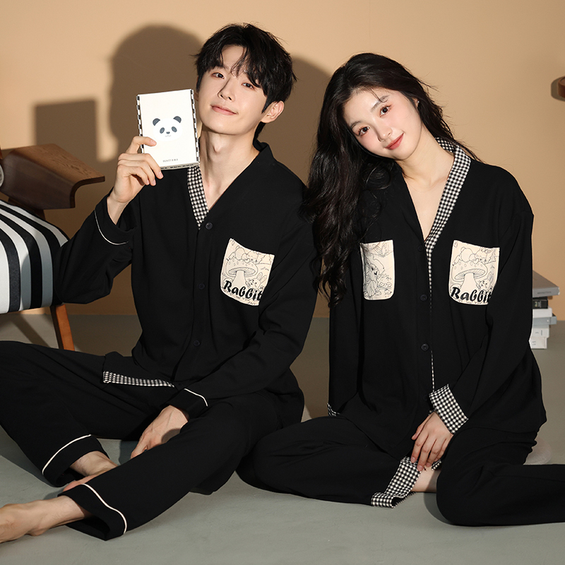 2 Sets of Pure Cotton Couple Pajamas with Chest Pads, Spring and Autumn Style, Long-Sleeved Cardigan, Home Wear Set for Men and Women