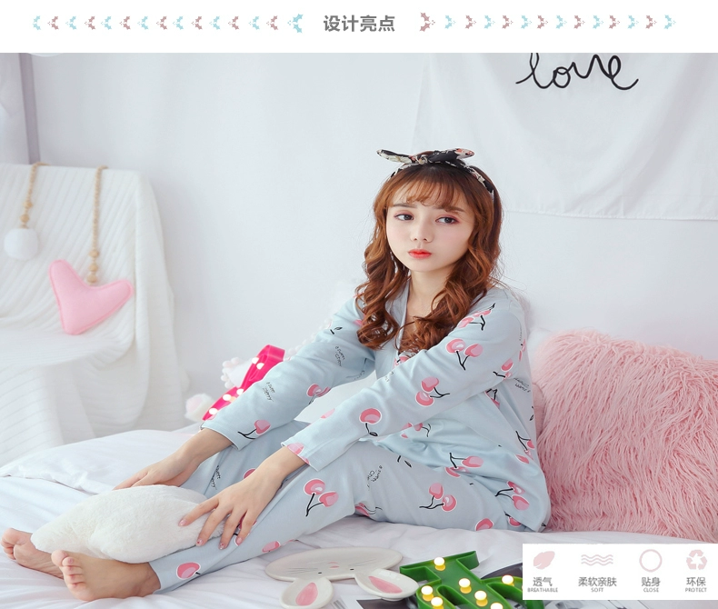 Bộ đồ ngủ mùa xuân và mùa thu nữ dài tay bằng vải cotton mỏng Phiên bản Hàn Quốc của cô gái học sinh tươi tắn và ngọt ngào đồ bay