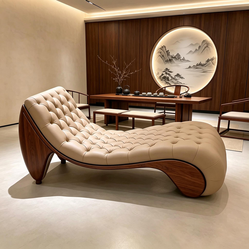 New Chinese-Style Black Walnut Wood Leather Chaise Lounge with Beige Curve Design, Comfortable Recliner for the Living Room, High-End Beauty Couch New Chinese-Style Black Walnut Wood Leather Chaise Lounge with Beige Curve Design, Comfortable Recliner for the Living Room, High-End Beauty Couch